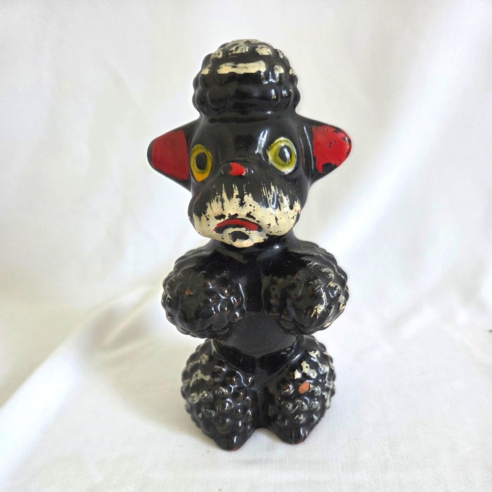 Vintage Black Poodle Figurine Mid Century Modern Kitsch Red Ears 6 Inch
